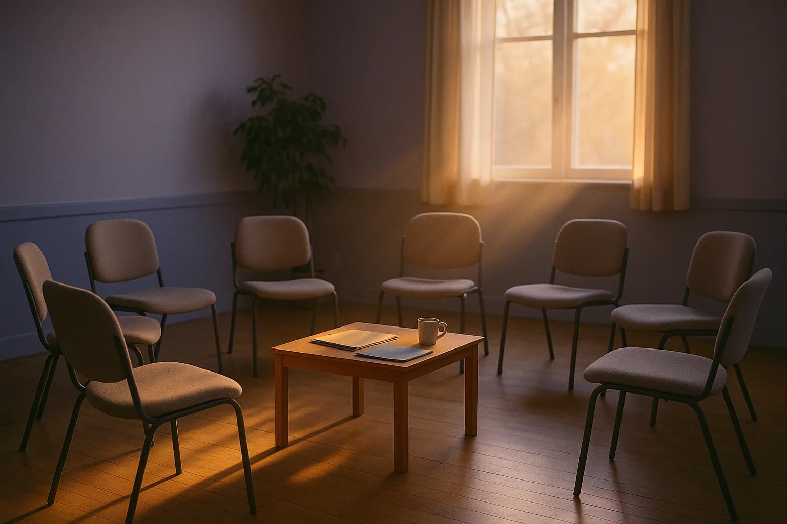 A community meeting room at dawn, chairs arranged in a circle around a low table, warm light through a tall window.