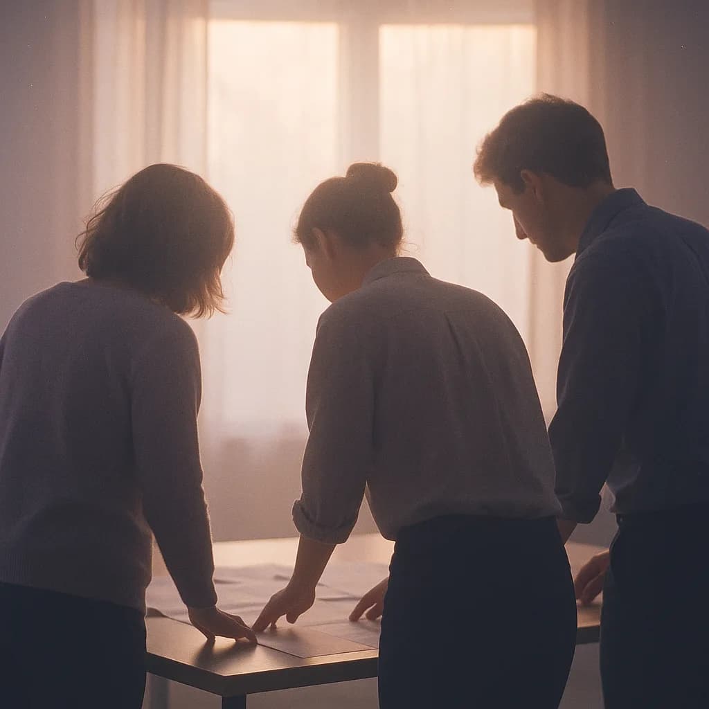 Three colleagues seen from behind, gathered around a table of papers in front of a bright window.